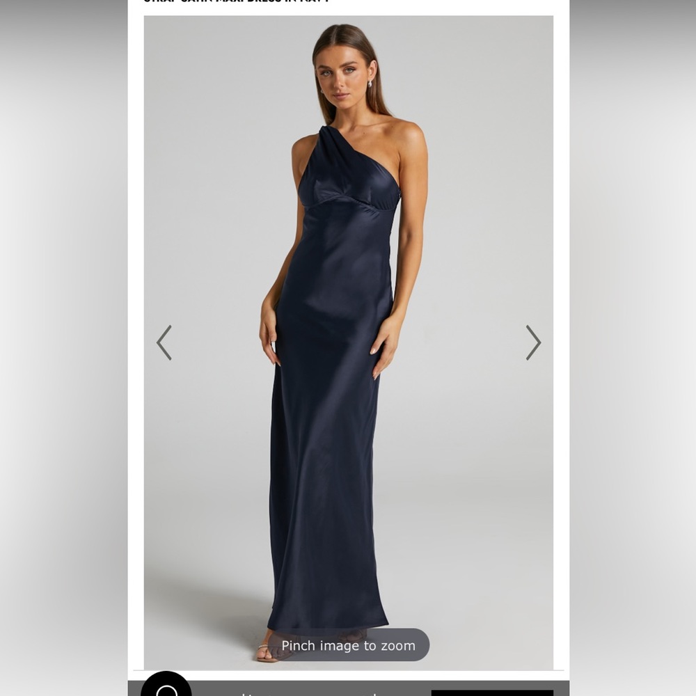 SHOWPO ELZALES ONE SHOULDER BEADED STRAP SATIN MAXI DRESS IN NAVY